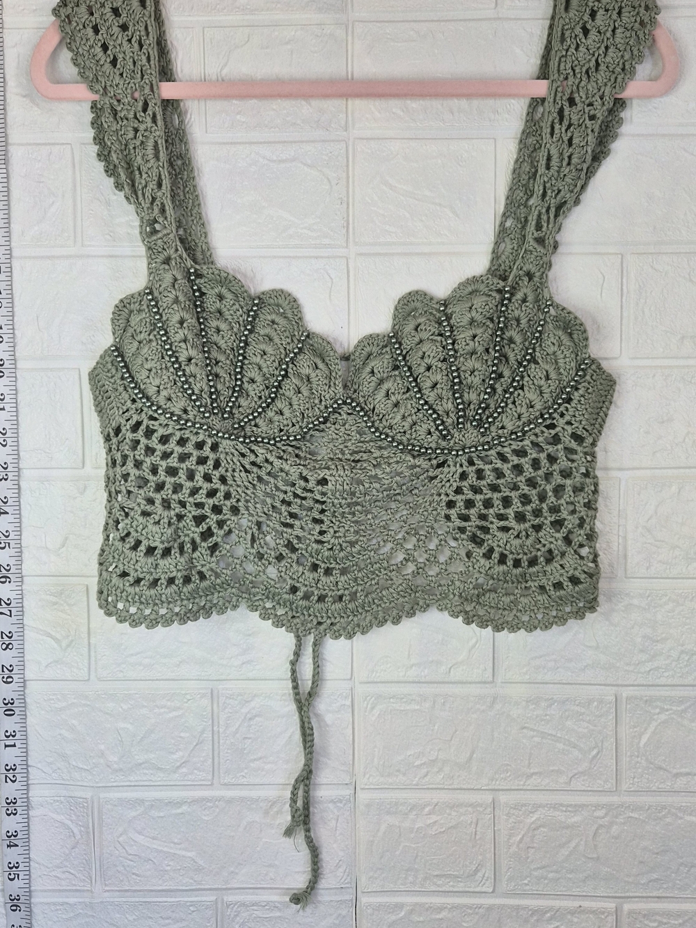 DOLLS KILL Current Mood Washed Ashore Crochet Top-Green Women's Lrg Long Sleeve